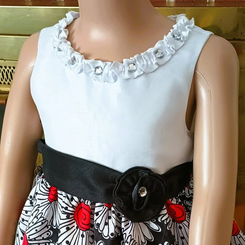 American Princess Floral Dress 5 Girls Sleeveless Red Black Daisy Ruffle Neck